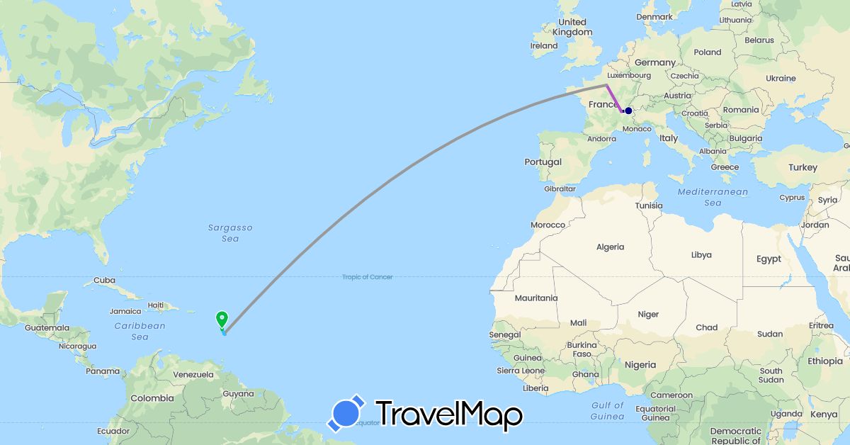 TravelMap itinerary: driving, bus, plane, train, hiking, boat, hitchhiking in Dominica, France (Europe, North America)